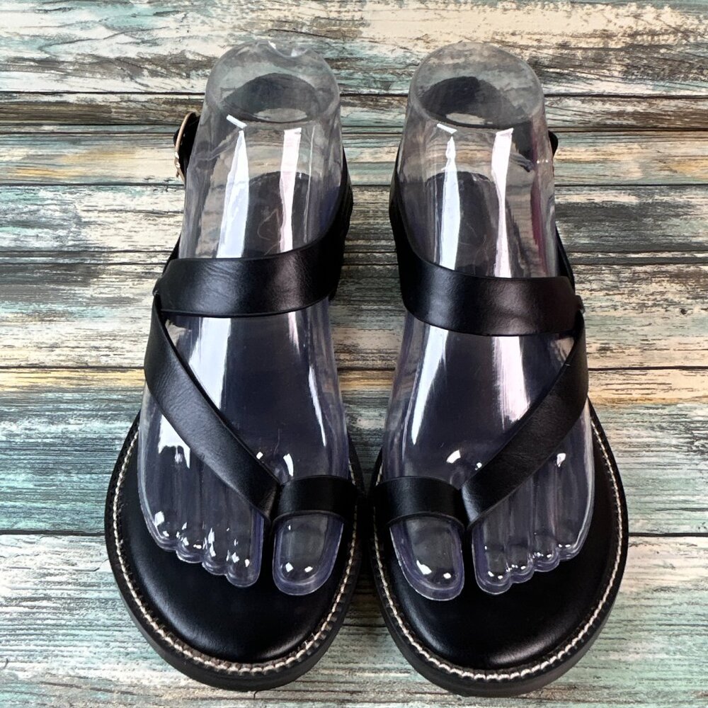 Joie Toe Ring Sandal Womens Size 6.5 Lennox Black Faux Leather Buckle Strap Flat
